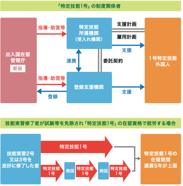 「特定技能1号」の制度関係者,技能実習修了者が試験等を免除され「特定技能1号」の在留資格で就労する場合